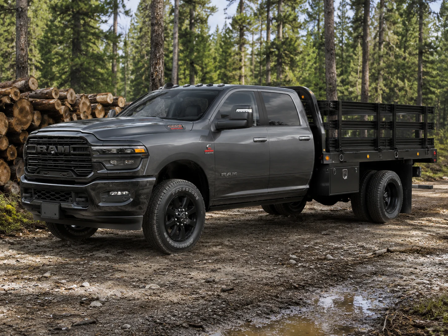 Gray flatbed upfit in wooded field